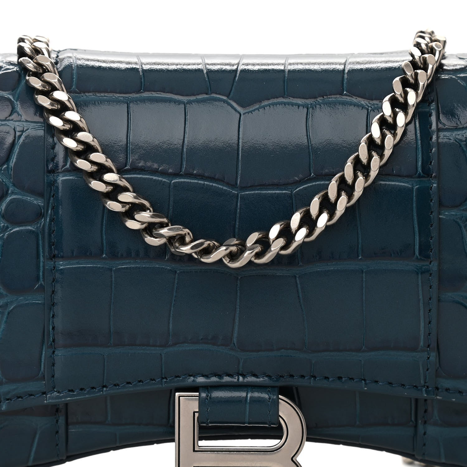 Balenciaga Shiny Calfskin Crocodile Embossed Hourglass Chain Bag Dark Petrol Blue 7 of 9