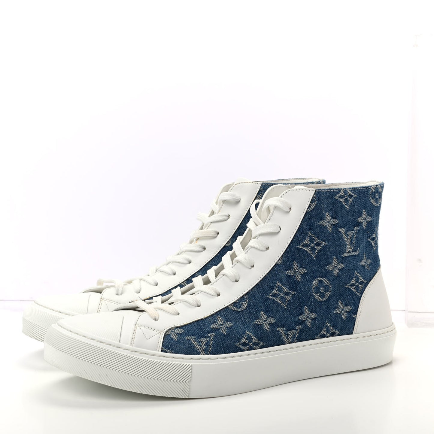 Calfskin Denim Monogram Mens Tattoo Sneaker Boots 9 White Blue