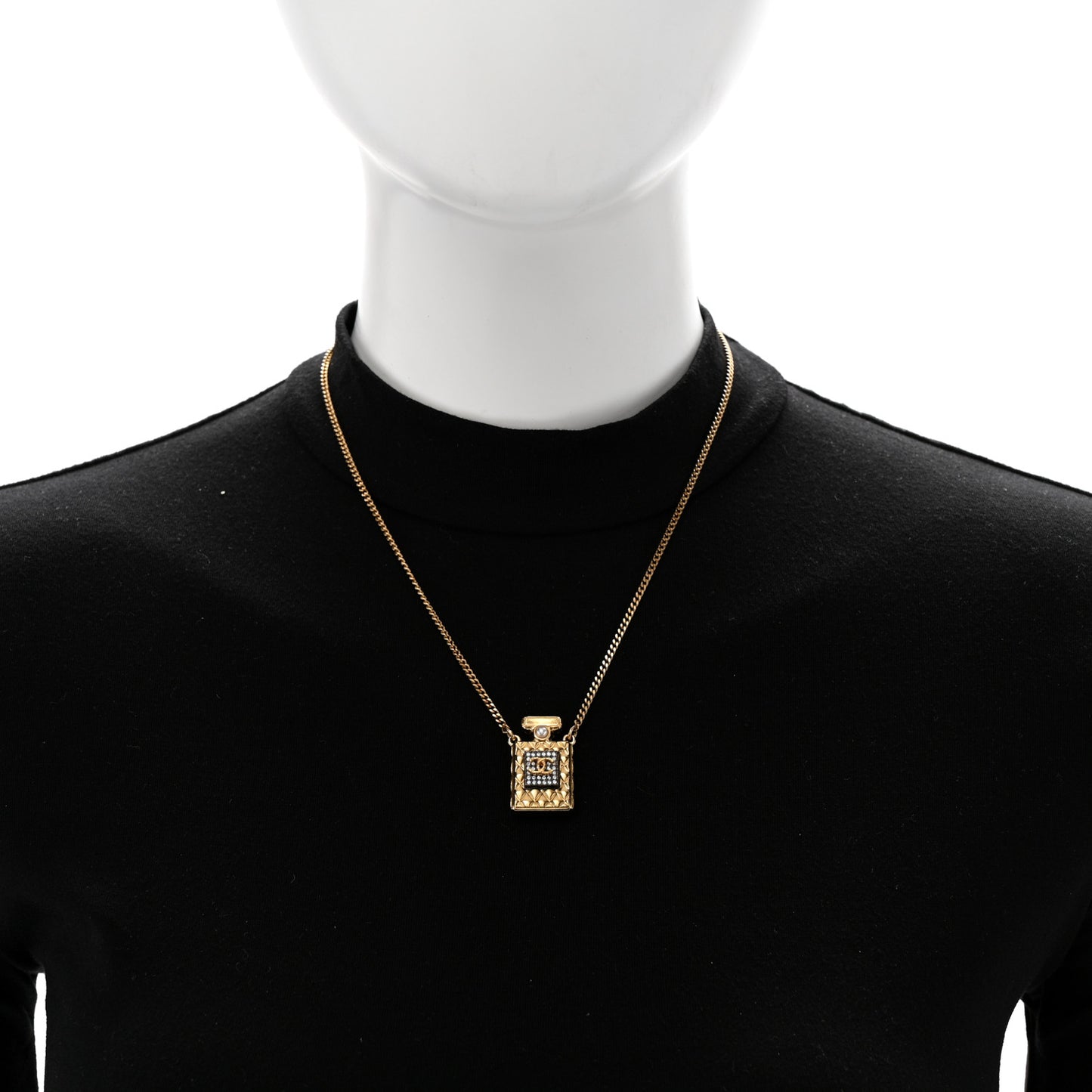 Crystal Pearl Perfume Bottle CC Necklace Black Gold