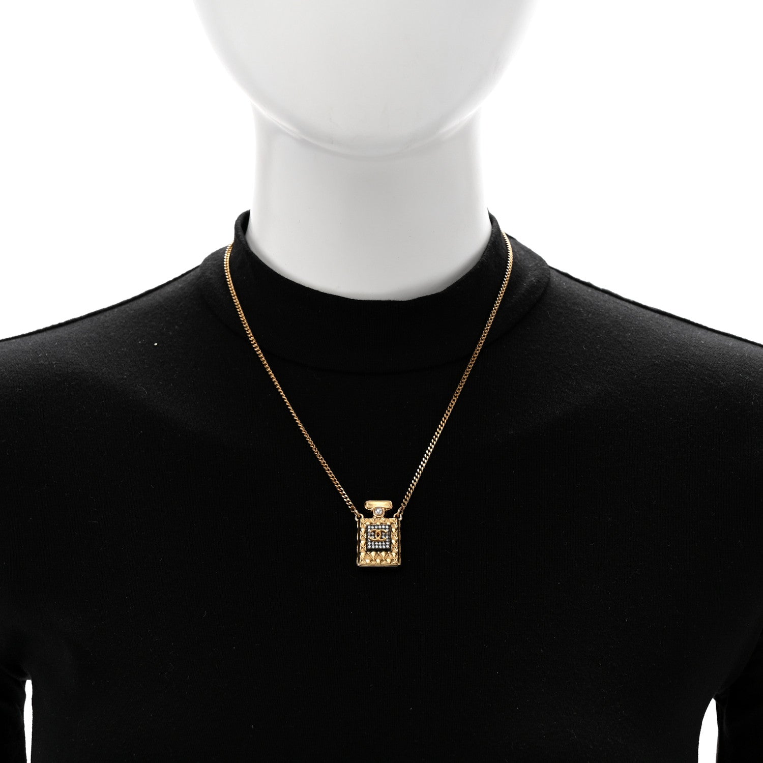 Chanel Crystal Pearl Perfume Bottle CC Necklace Black Gold 2 of 6