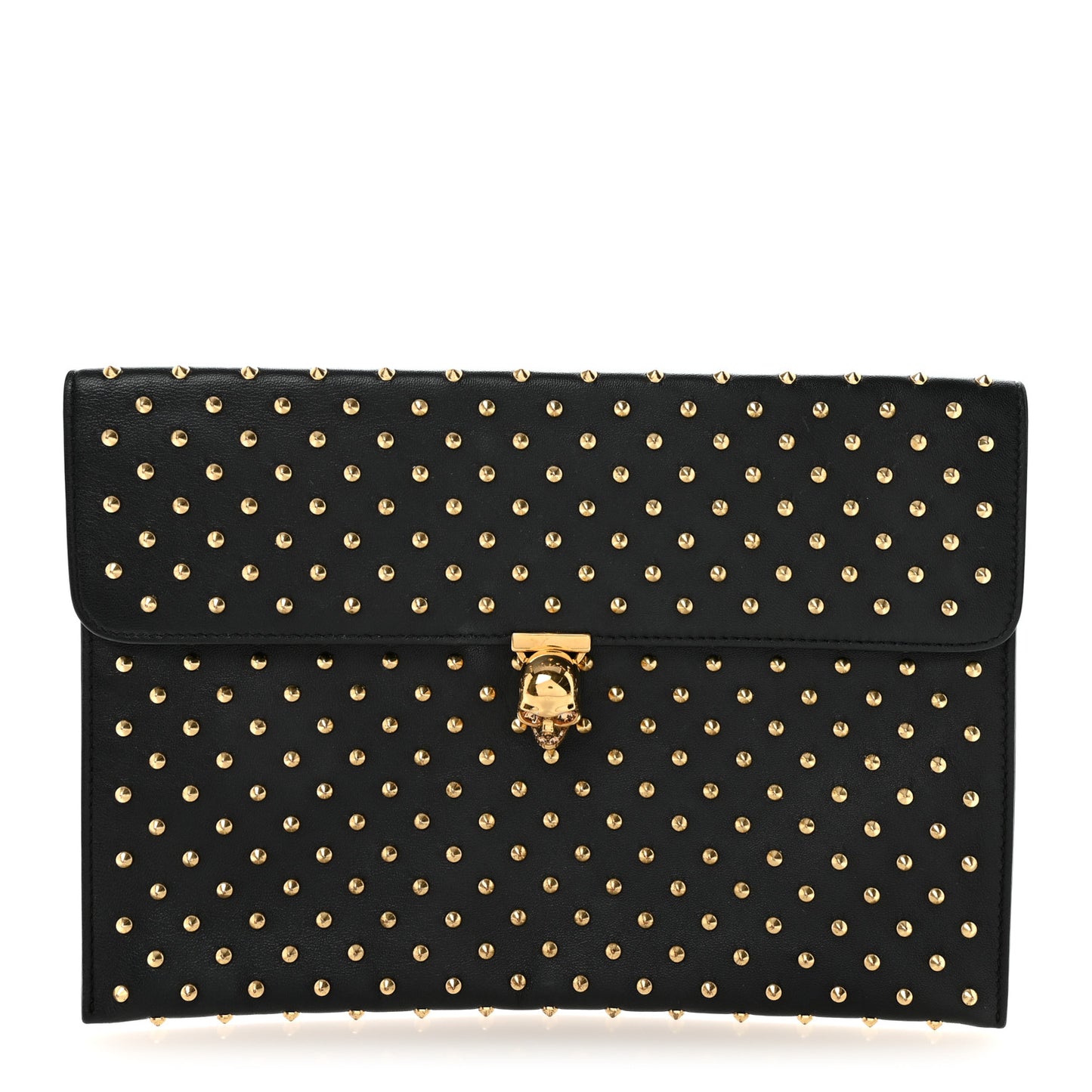 Calfskin Studded Skull Envelope Clutch Black