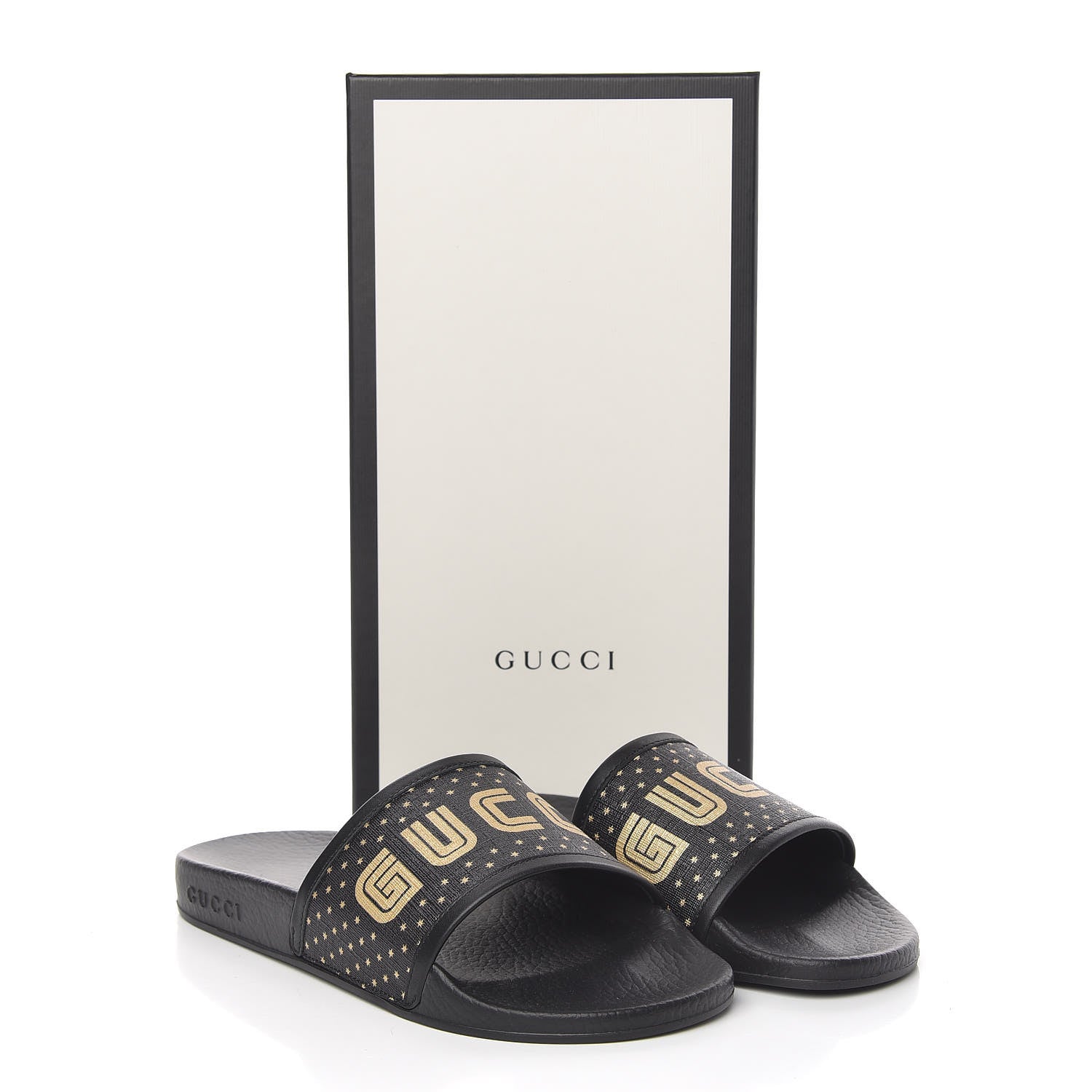 Gucci X SEGA Supreme Canvas GUCCY Stars Womens Slide Sandals 37 Black Gold 10 of 10