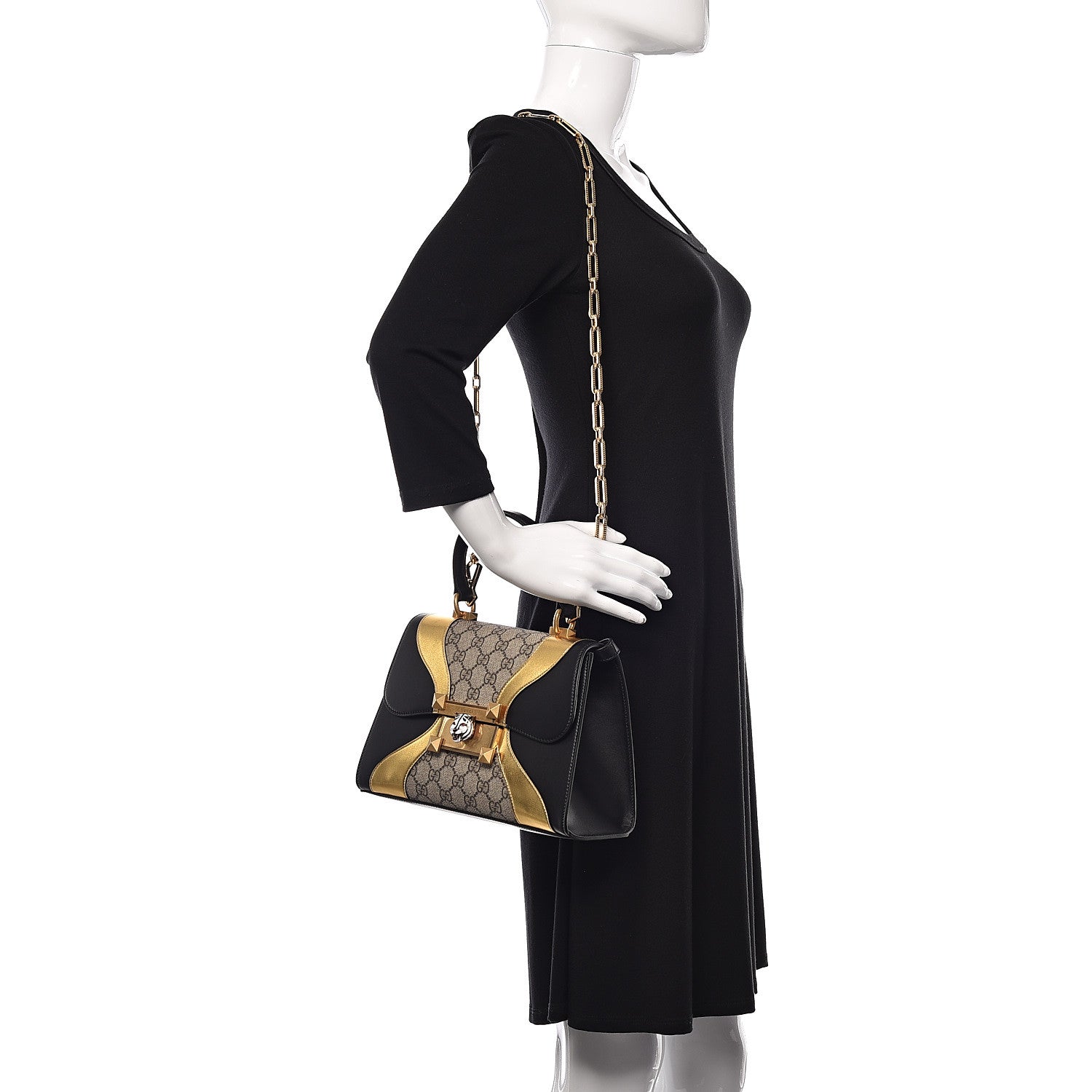 Gucci GG Supreme Monogram Small Osiride Top Handle Bag Black Gold 3 of 12