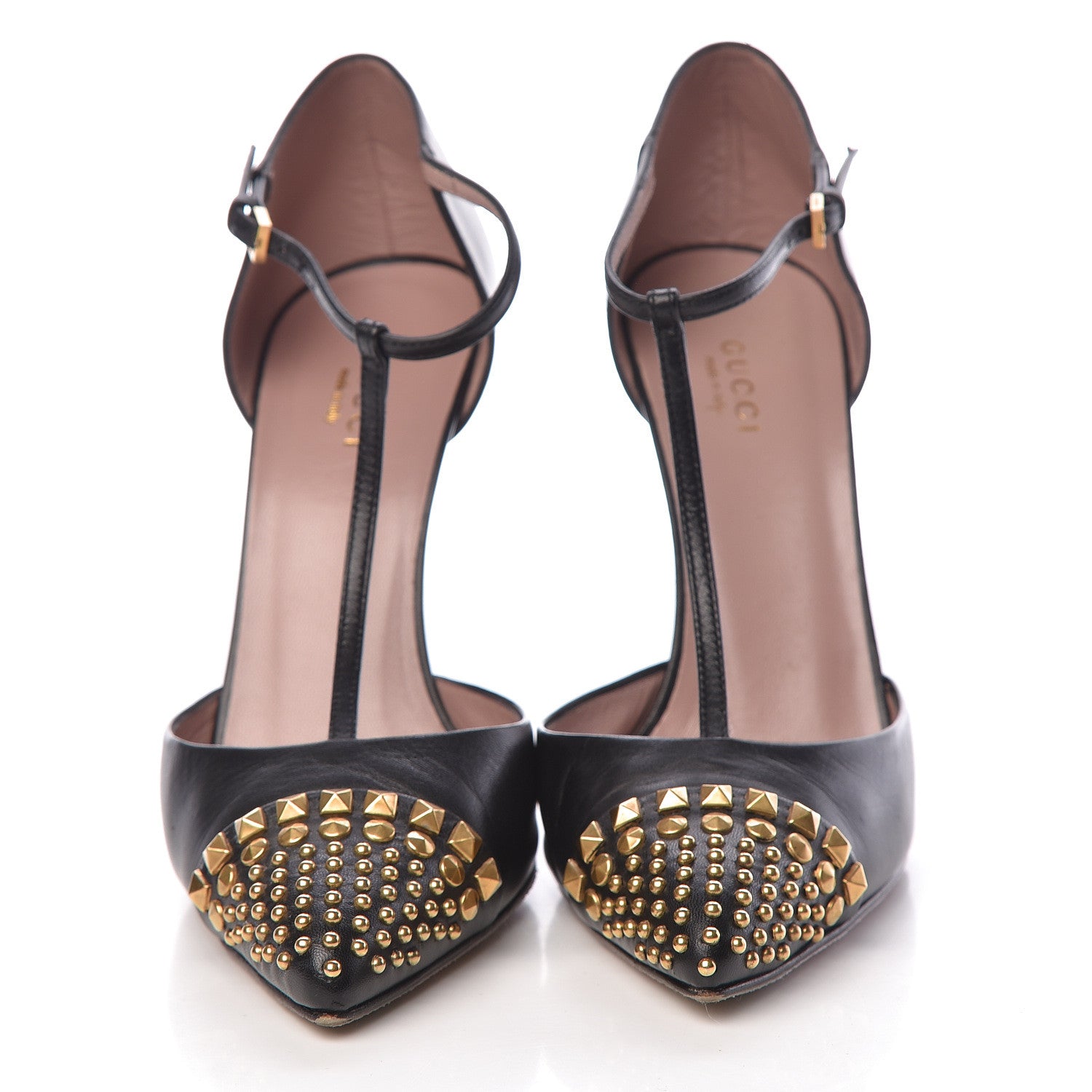 Gucci Calfskin Studded Cap Toe Ankle Strap Pumps 38 Black 2 of 12