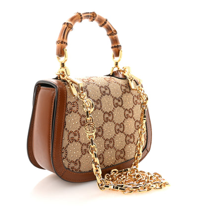 Gucci New Canvas Charisma Calfskin Crystal GG Monogram Small Bamboo 1947 Top Handle Bag Camel Ebony 3 of 9