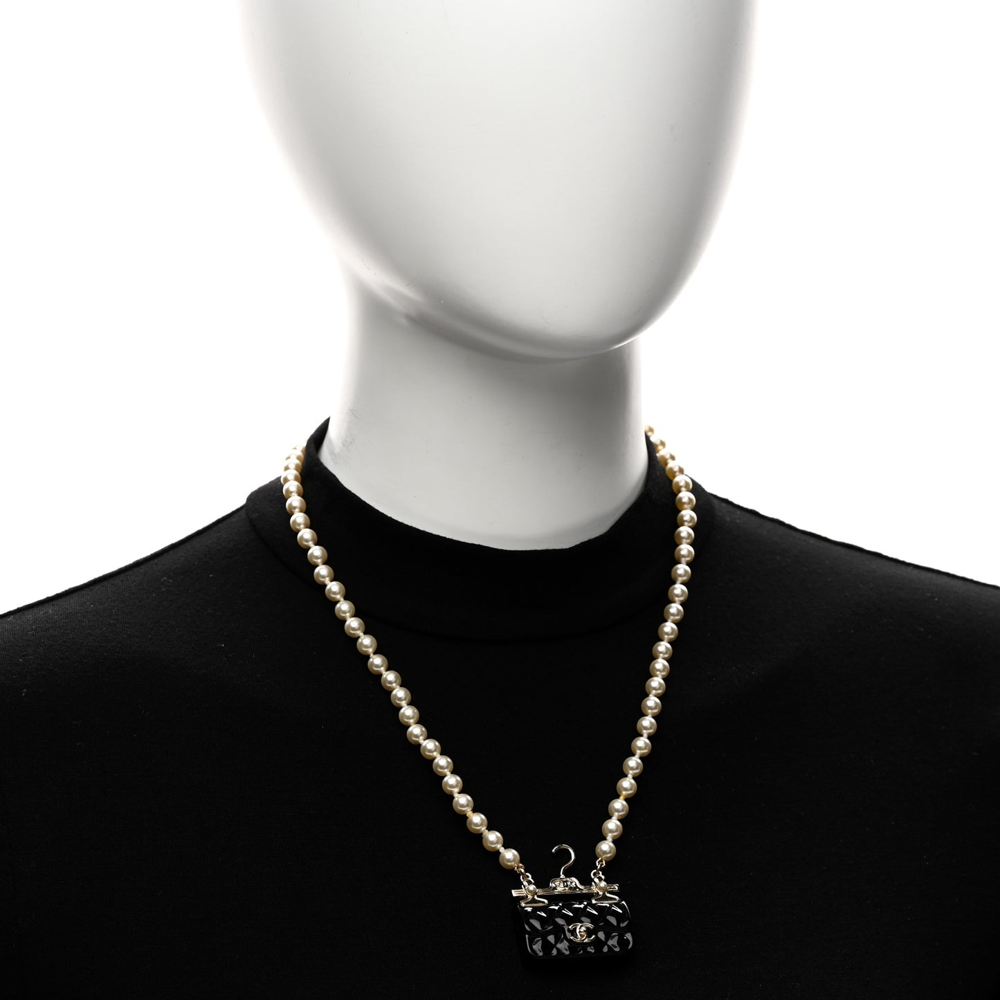 Pearl Metal Resin Quilted Flap Bag Necklace Gold Black Pearly White