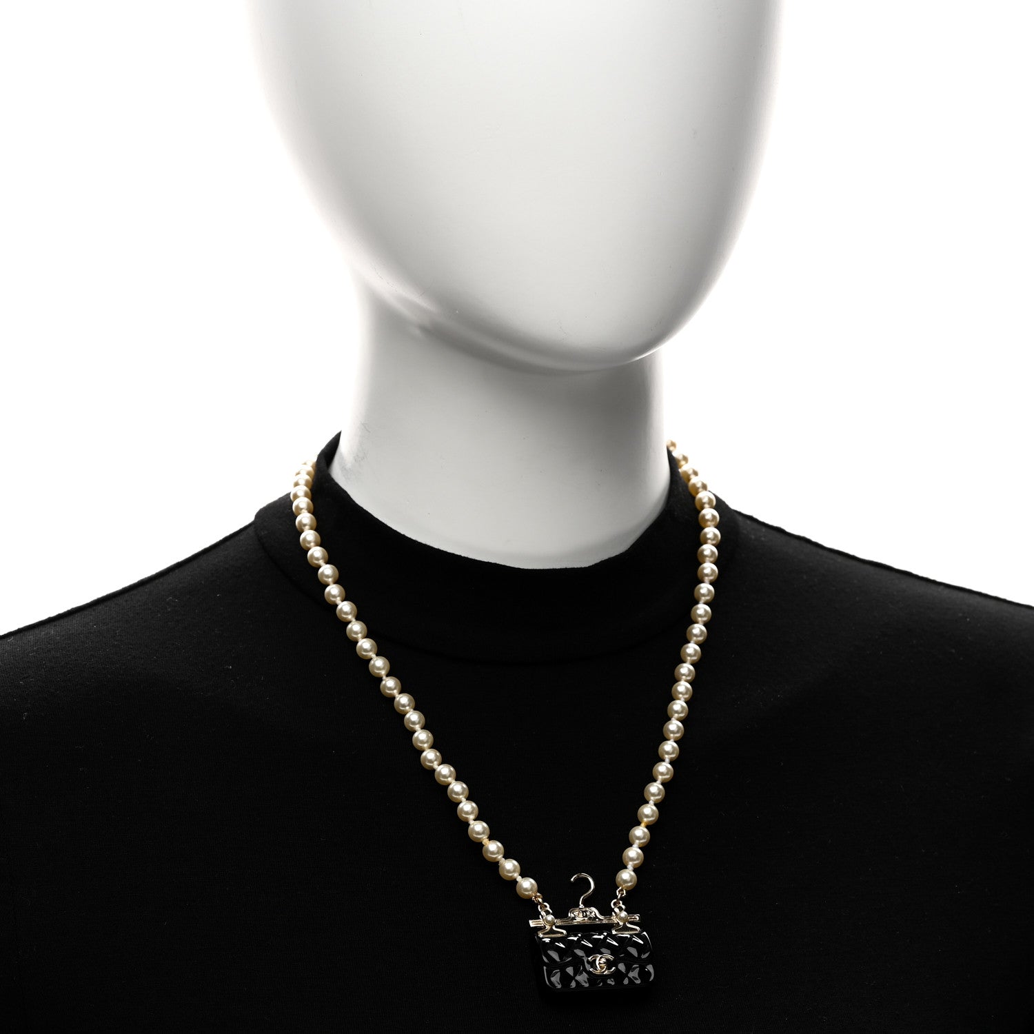 Chanel Pearl Metal Resin Quilted Flap Bag Necklace Gold Black Pearly White 2 of 4
