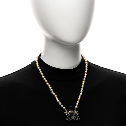 Chanel Pearl Metal Resin Quilted Flap Bag Necklace Gold Black Pearly White 2 of 4