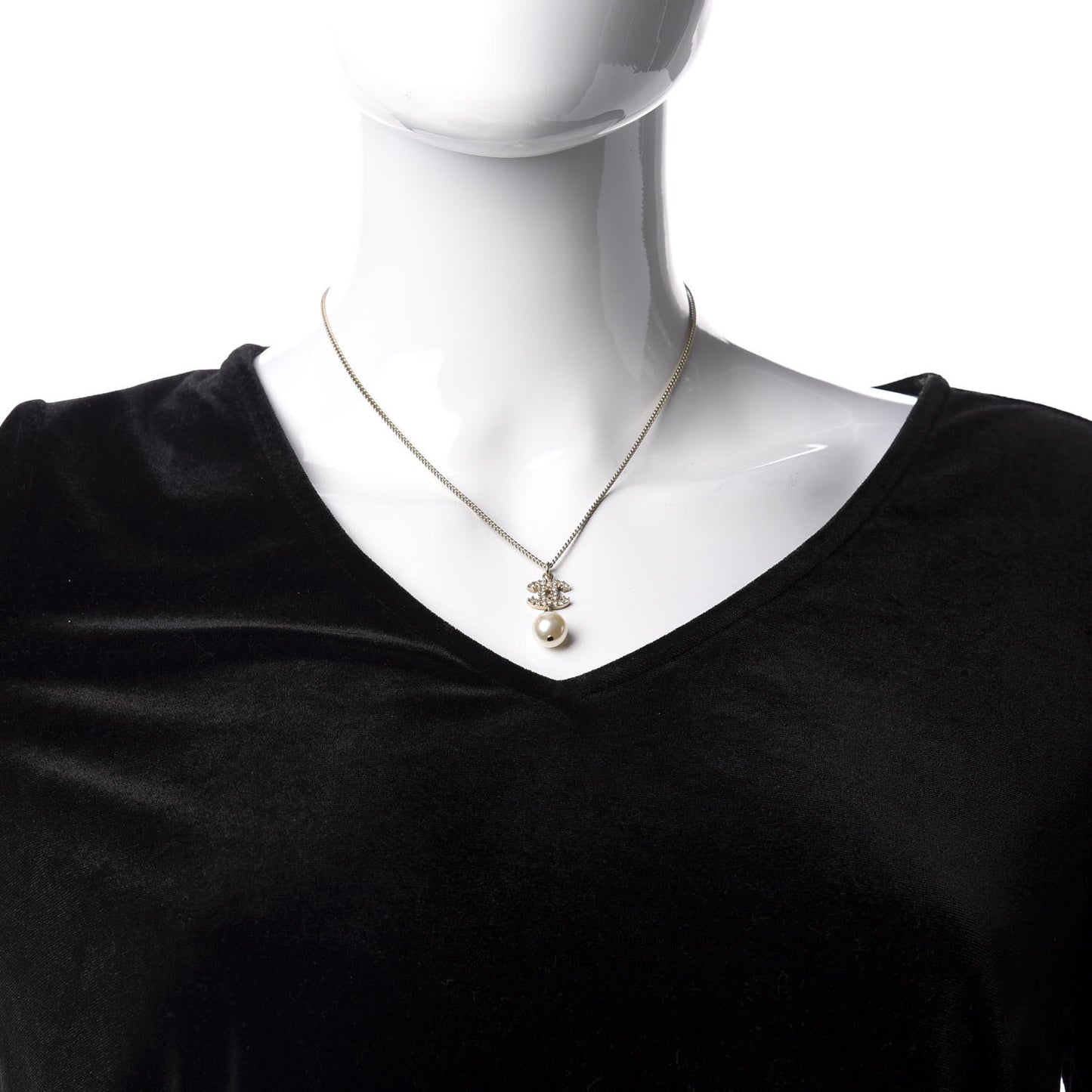 Crystal Pearl CC Drop Necklace Gold
