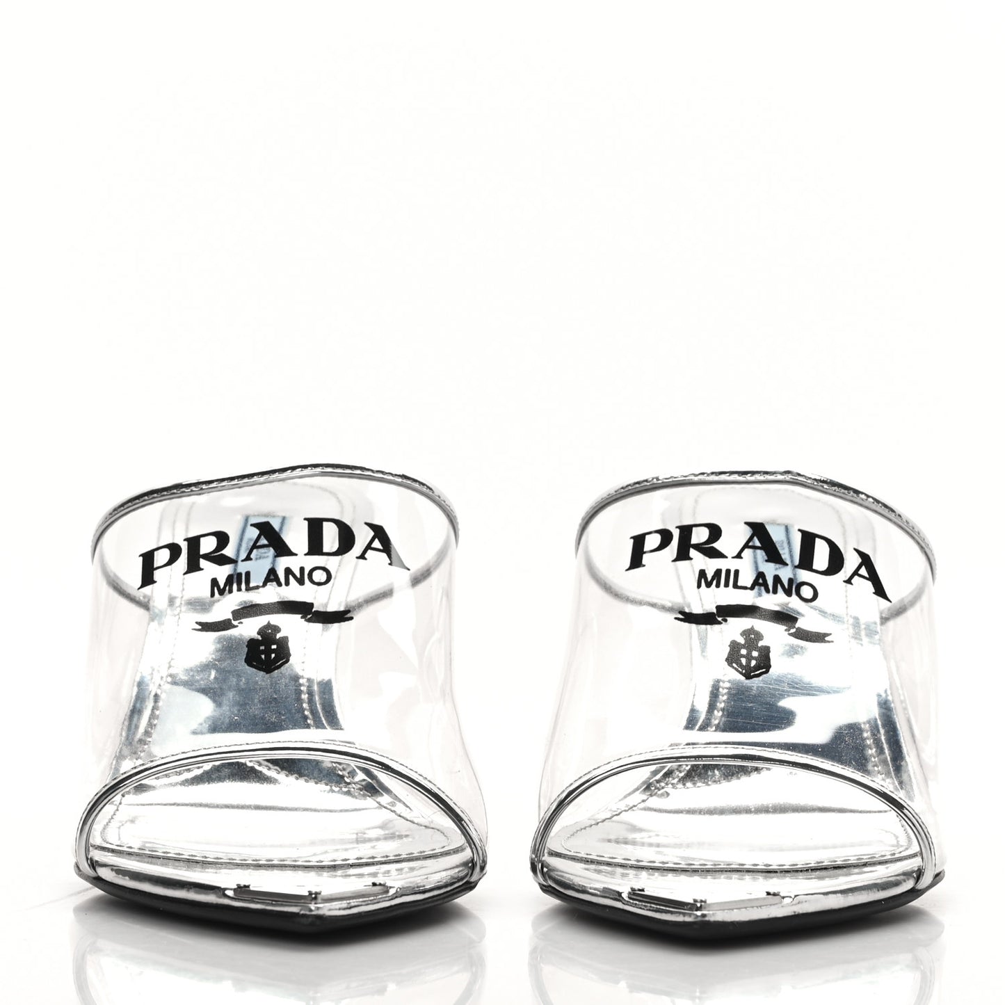 Plexiglass Metallic Calfskin Metal Triangle Logo 75mm Slide Sandals 40 Argento