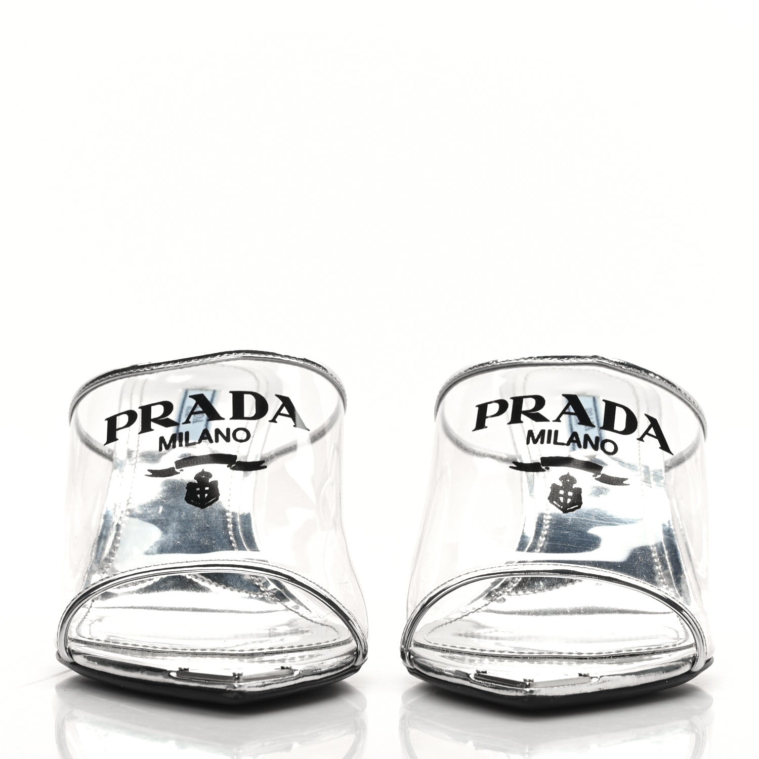Prada Plexiglass Metallic Calfskin Metal Triangle Logo 75mm Slide Sandals 40 Argento 2 of 8