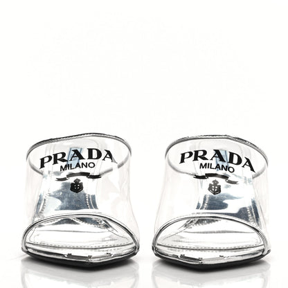 Prada Plexiglass Metallic Calfskin Metal Triangle Logo 75mm Slide Sandals 40 Argento 2 of 8