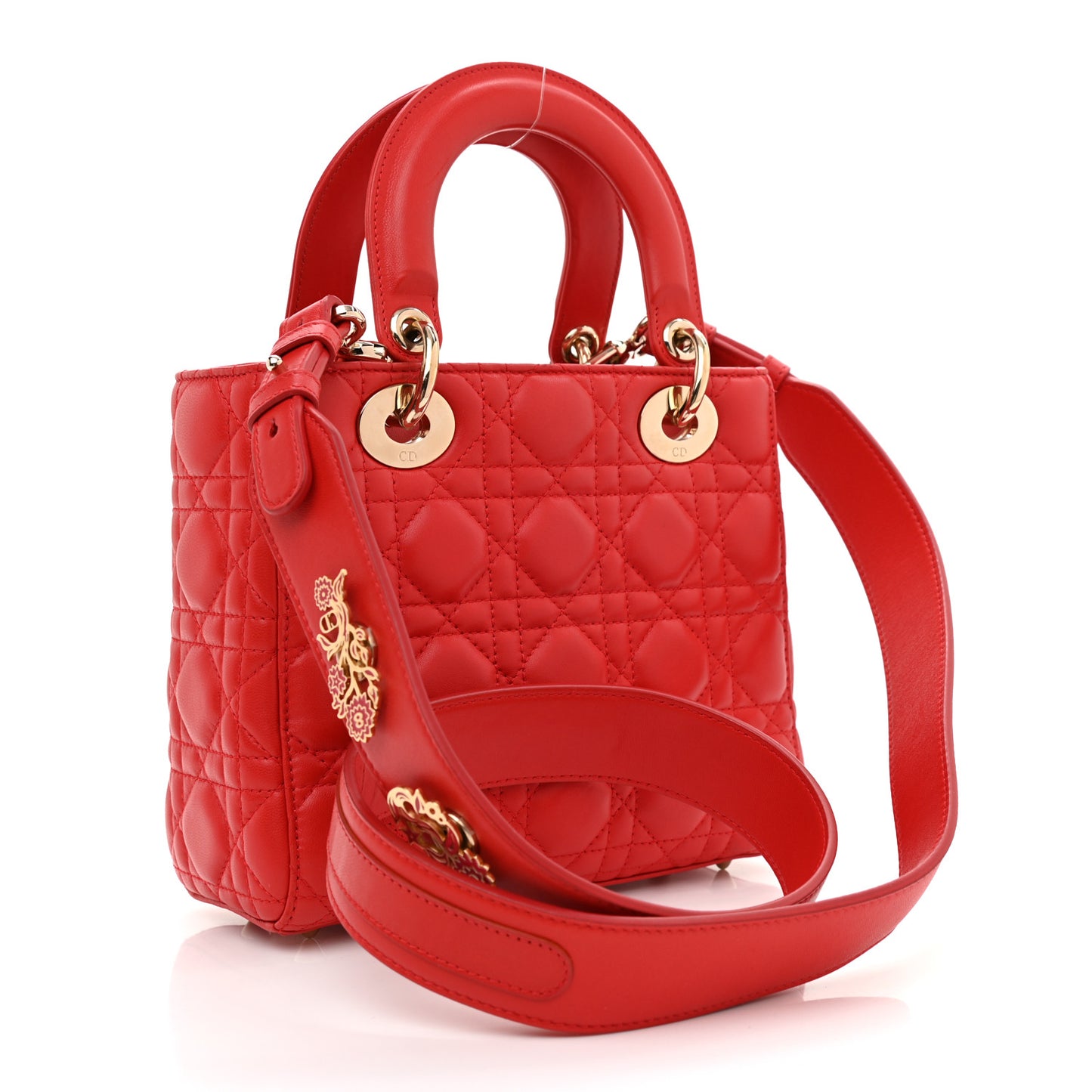 Lambskin Cannage Small Lucky Badges Lady Dior Red