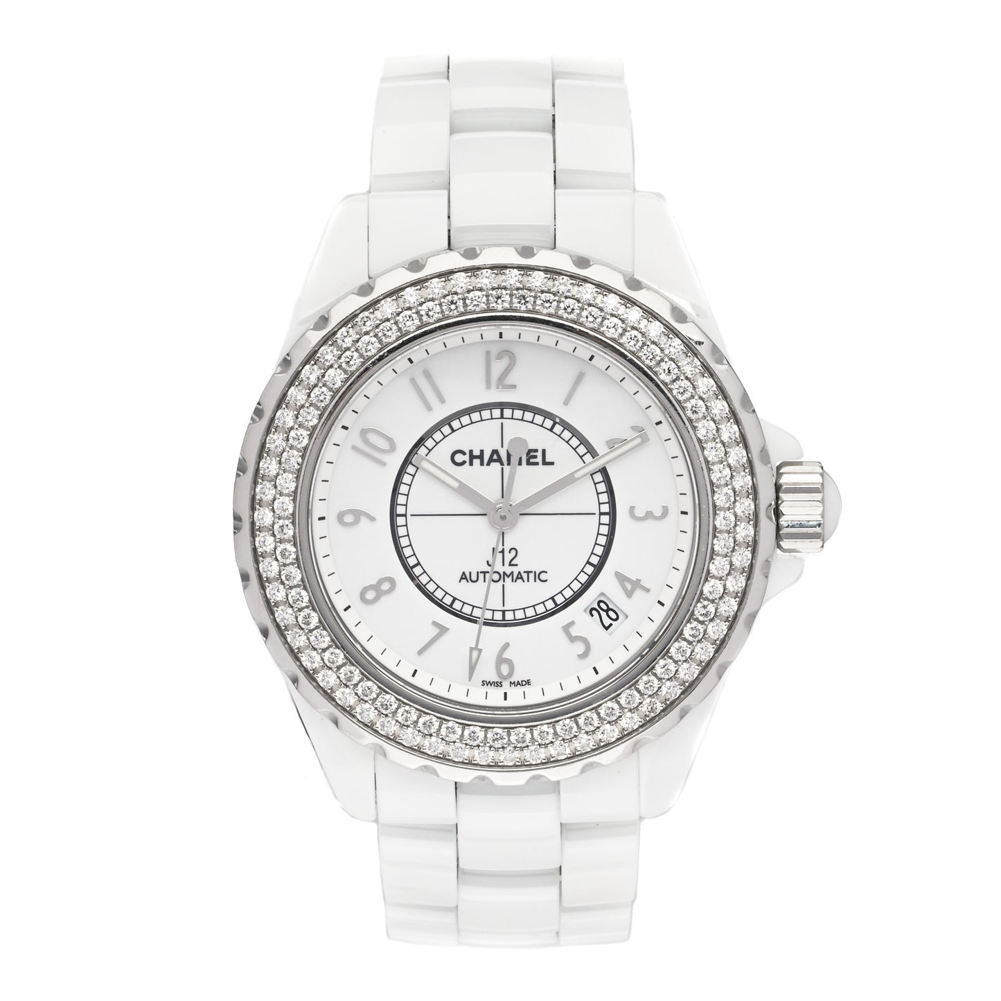 Stainless Steel Ceramic Diamond Pave Bezel 38mm J12 Automatic Watch White