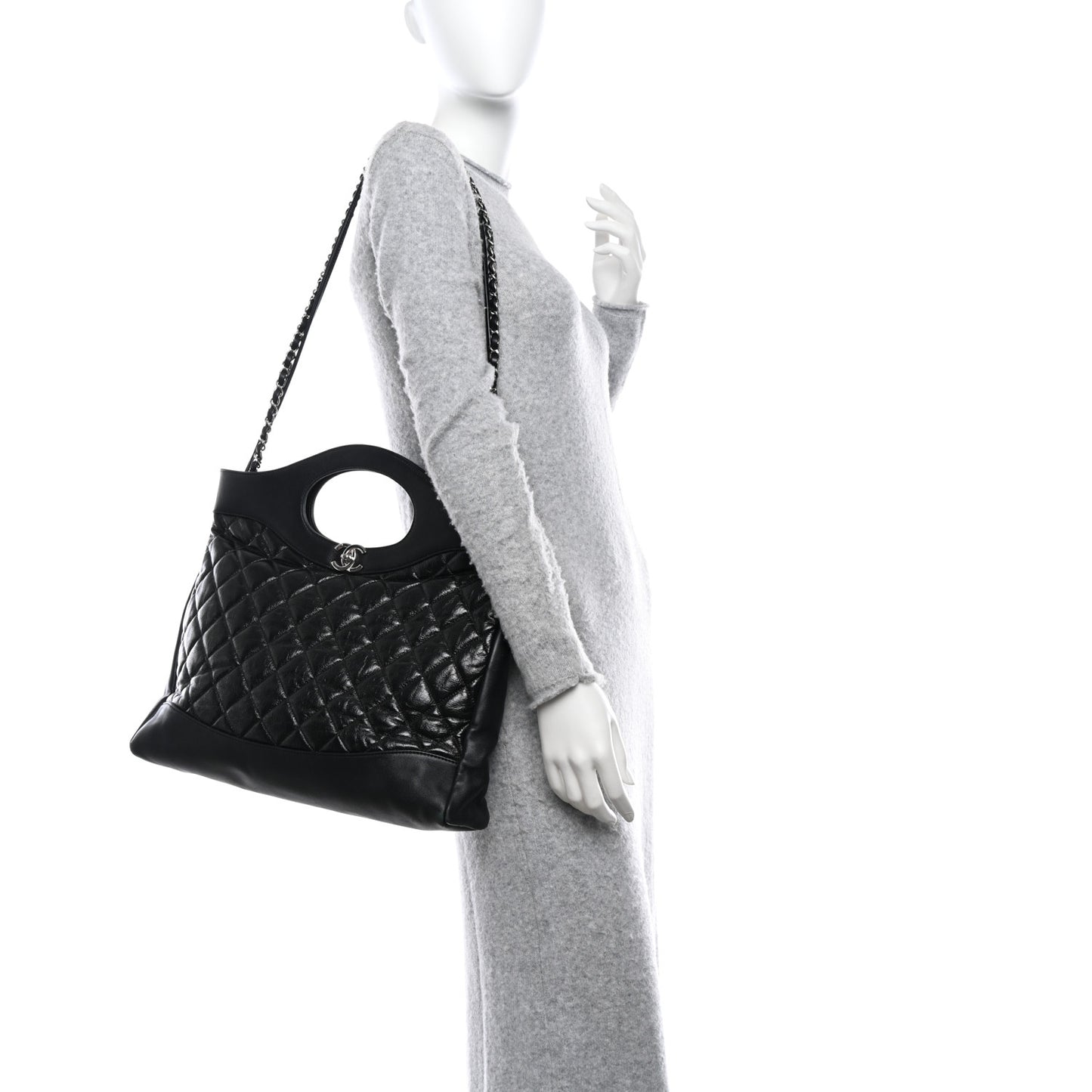 Shiny Aged Calfskin Quilted Large 31 Shopping Bag Black