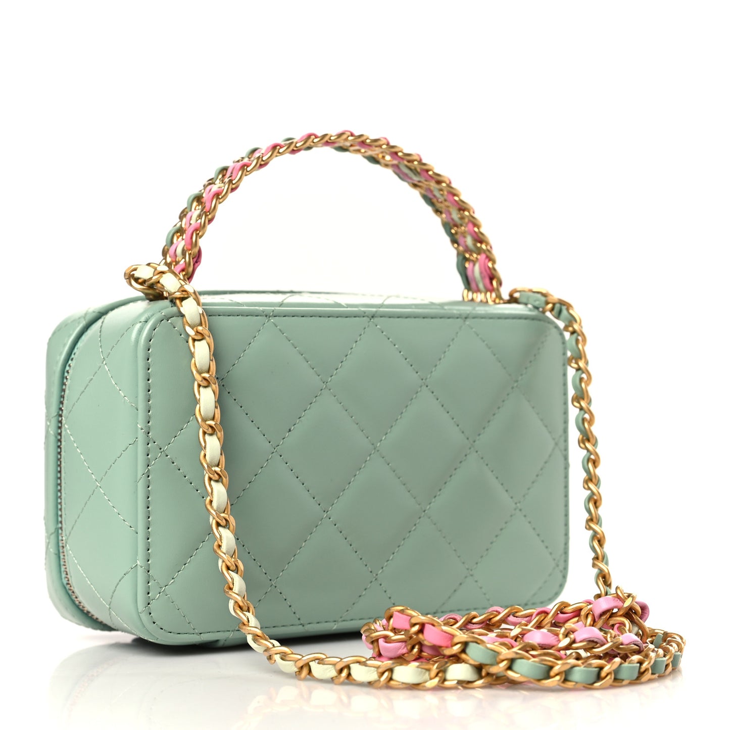 Lambskin Quilted Top Handle Small Vanity Case Light Green