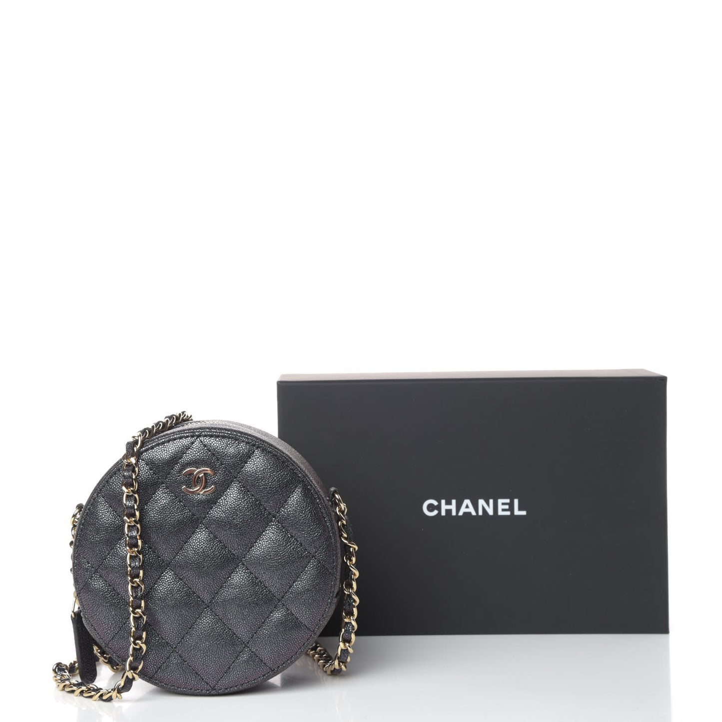 Iridescent Caviar Quilted Round Clutch With Chain Black
