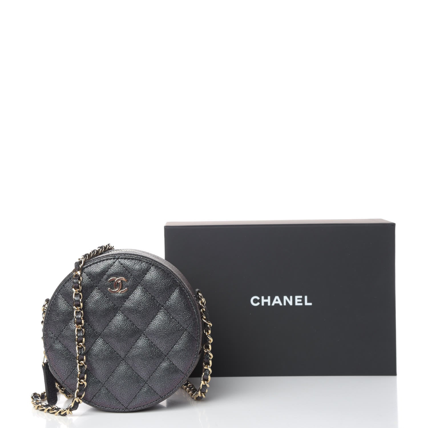 Chanel Iridescent Caviar Quilted Round Clutch With Chain Black 10 of 10