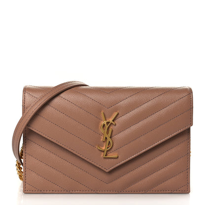 Saint Laurent Grain De Poudre Matelasse Chevron Cassandre Envelope Chain Wallet Vintage Peach 1 of 9