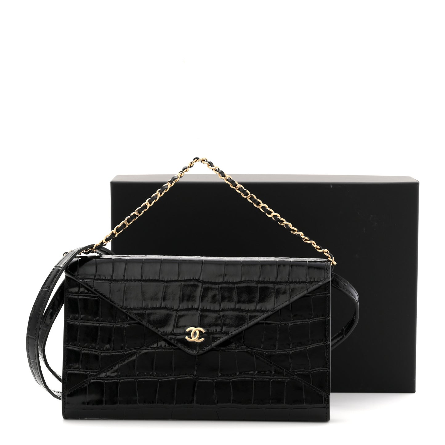 Calfskin Crocodile Embossed Clutch With Chain Black