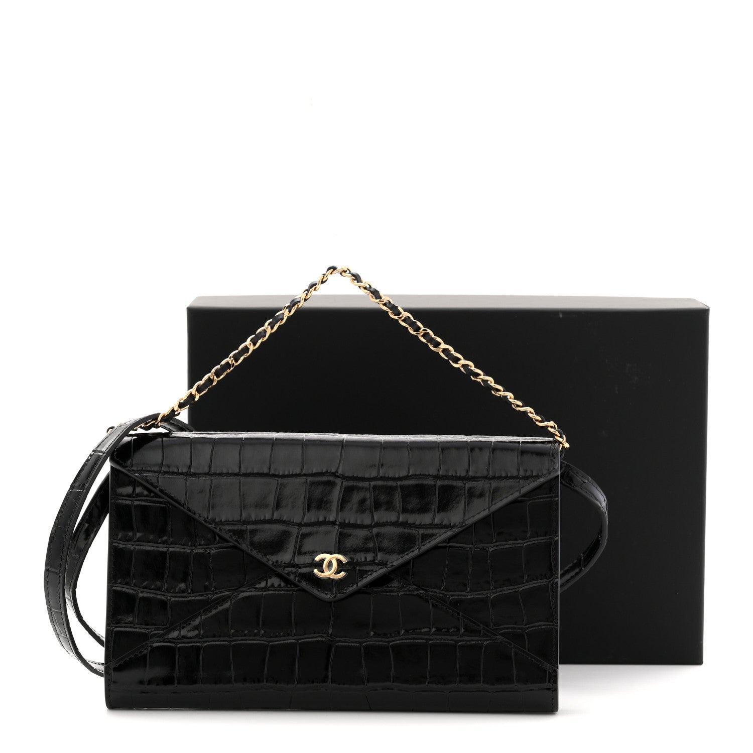 Chanel Calfskin Crocodile Embossed Clutch With Chain Black 11 of 11
