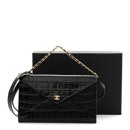 Chanel Calfskin Crocodile Embossed Clutch With Chain Black 11 of 11
