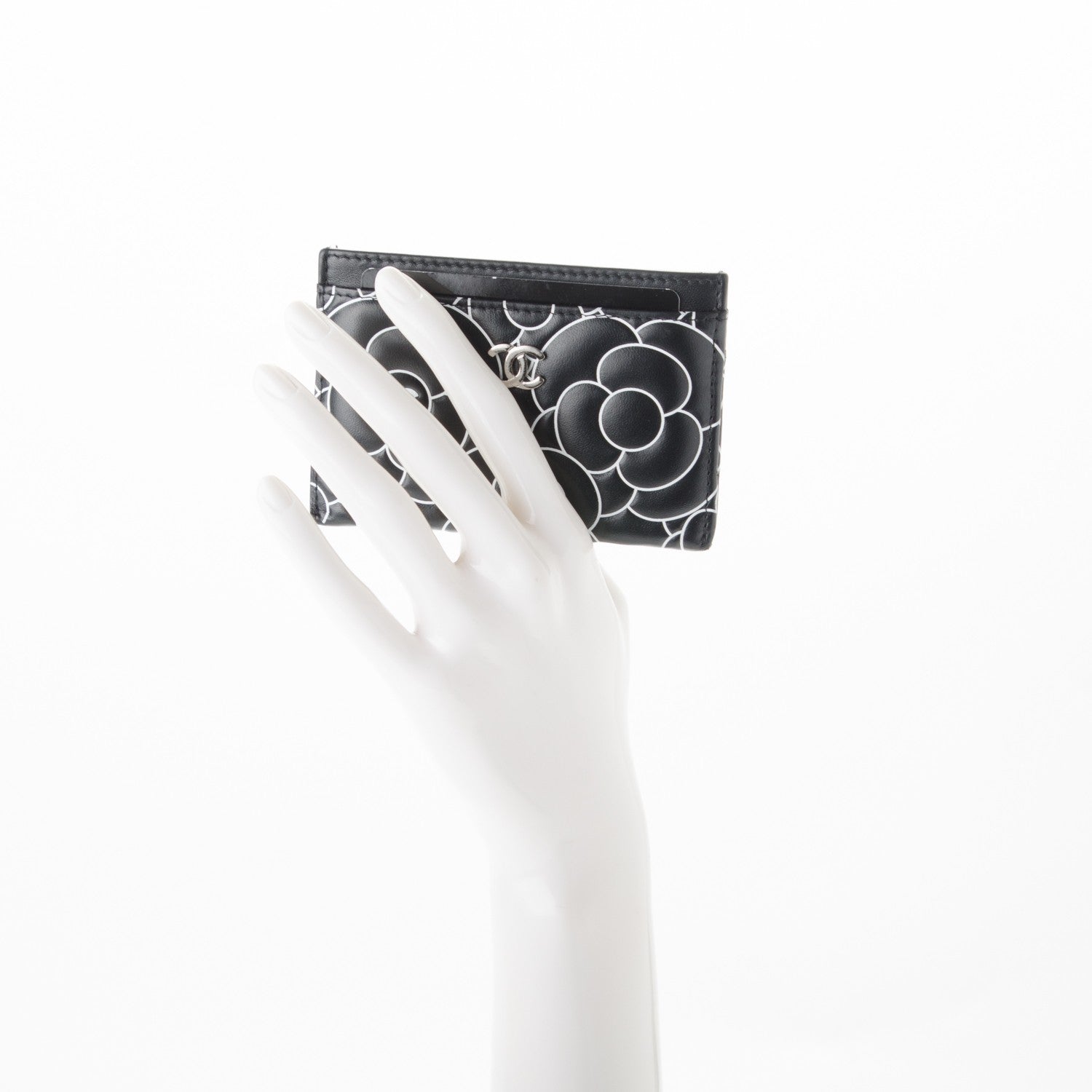 Chanel Lambskin Camellia Embossed Card Holder Black White 2 of 8