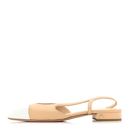 Chanel Lambskin Patent Cap Toe CC Slingback Sandals 39 Beige White 1 of 7