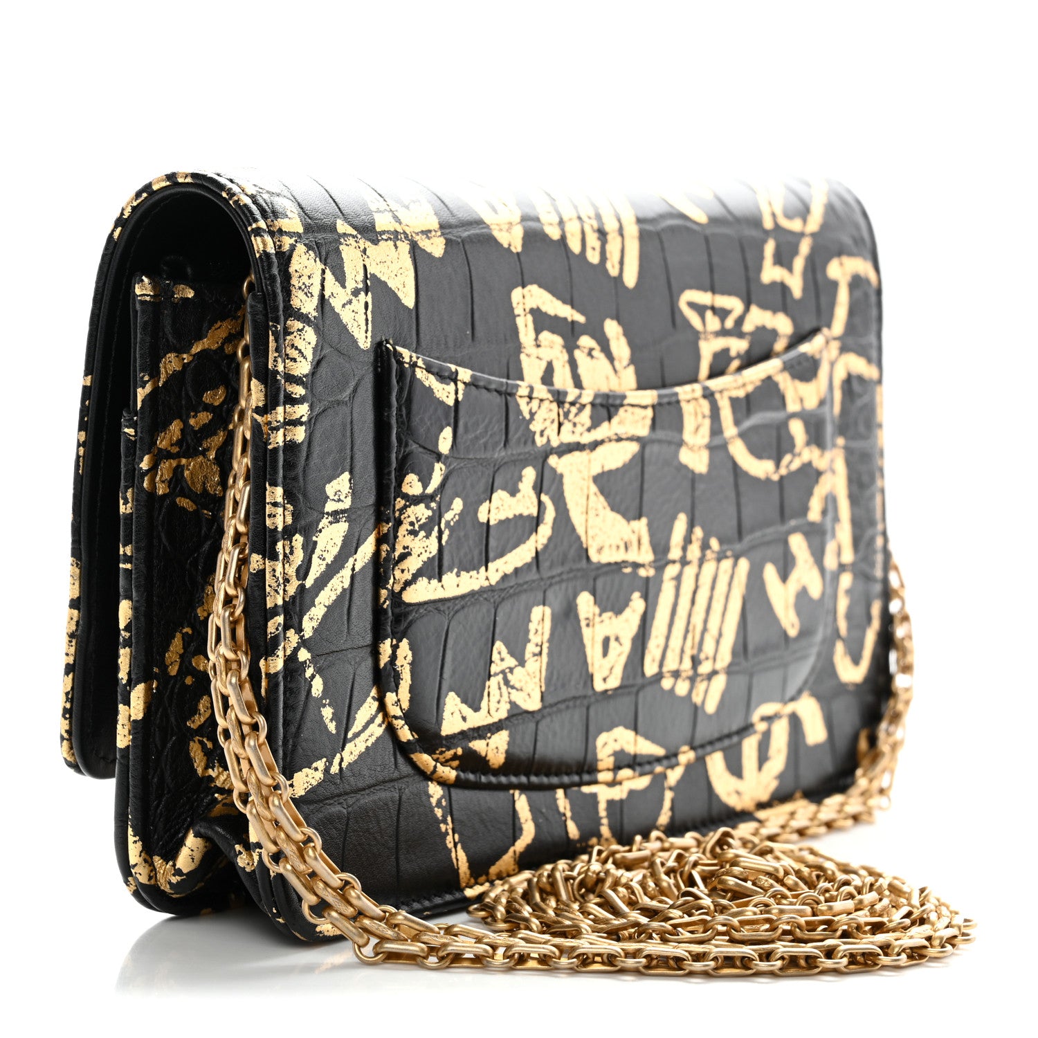 Chanel Calfskin Crocodile Embossed Graffiti 2.55 Cocodile Reissue Wallet On Chain WOC Black Gold 6 of 31