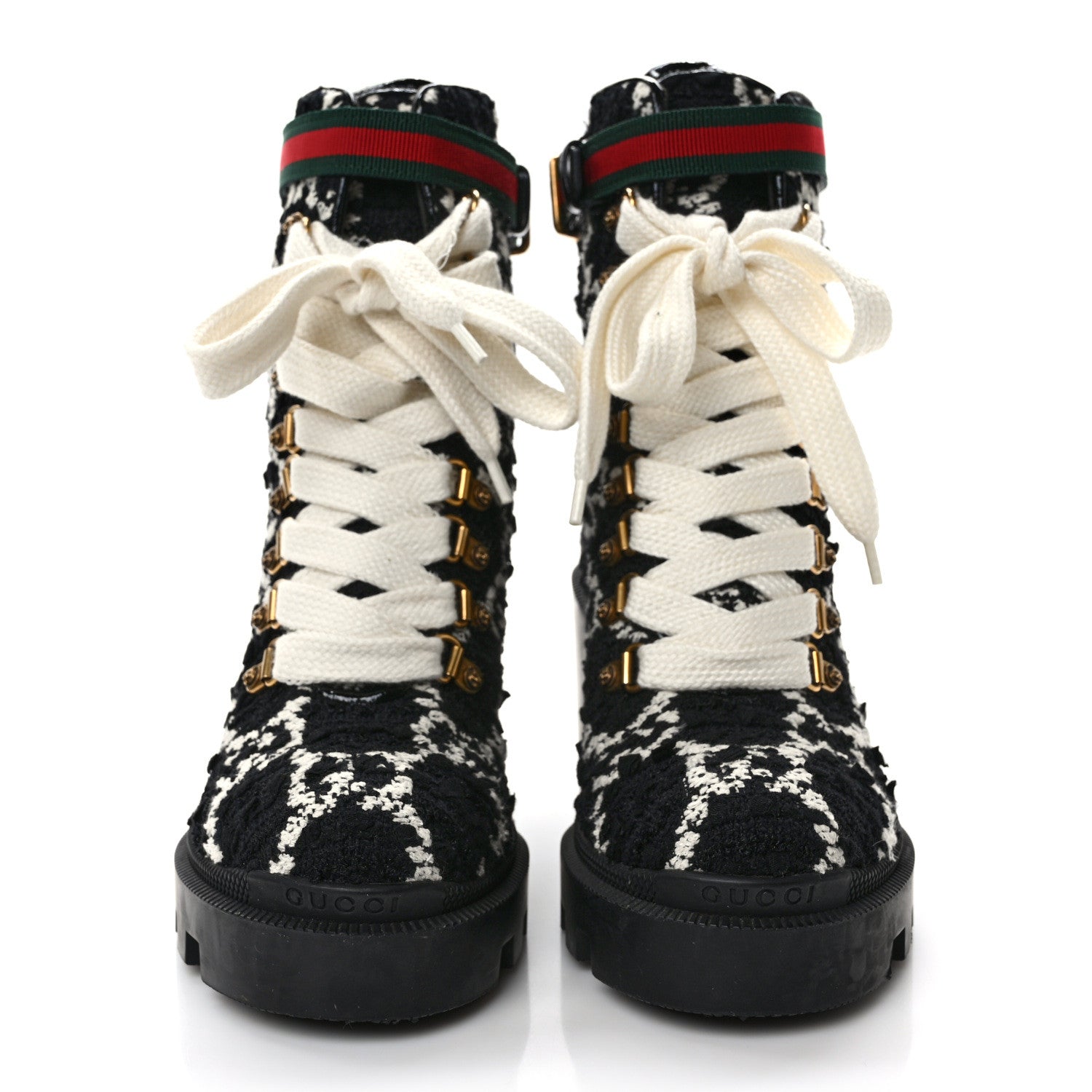 Gucci Tweed GG Monogram Lace Up Combat Ankle Boots 36.5 Black 3 of 7