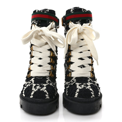 Gucci Tweed GG Monogram Lace Up Combat Ankle Boots 36.5 Black 3 of 7