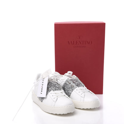 Valentino Garavani Calfskin Glitter Rockstud Open Sneakers 37.5 White Silver 9 of 9