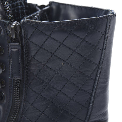 Chanel Sheepskin Quilted CC Tall Lace Up Combat Boots 39 Navy 7 of 10
