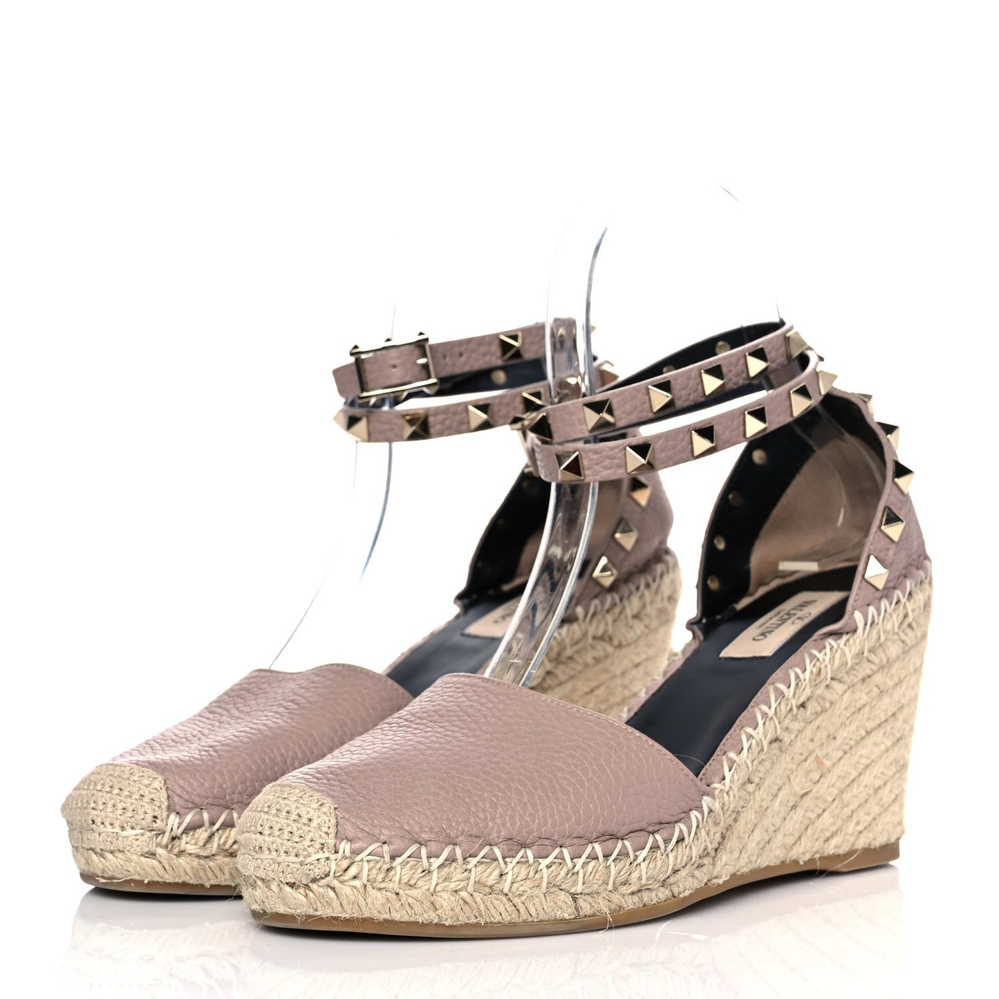 Grained Calfskin Rockstud Ankle Wrap Espadrille 15/85mm Wedges 37 Poudre Natural