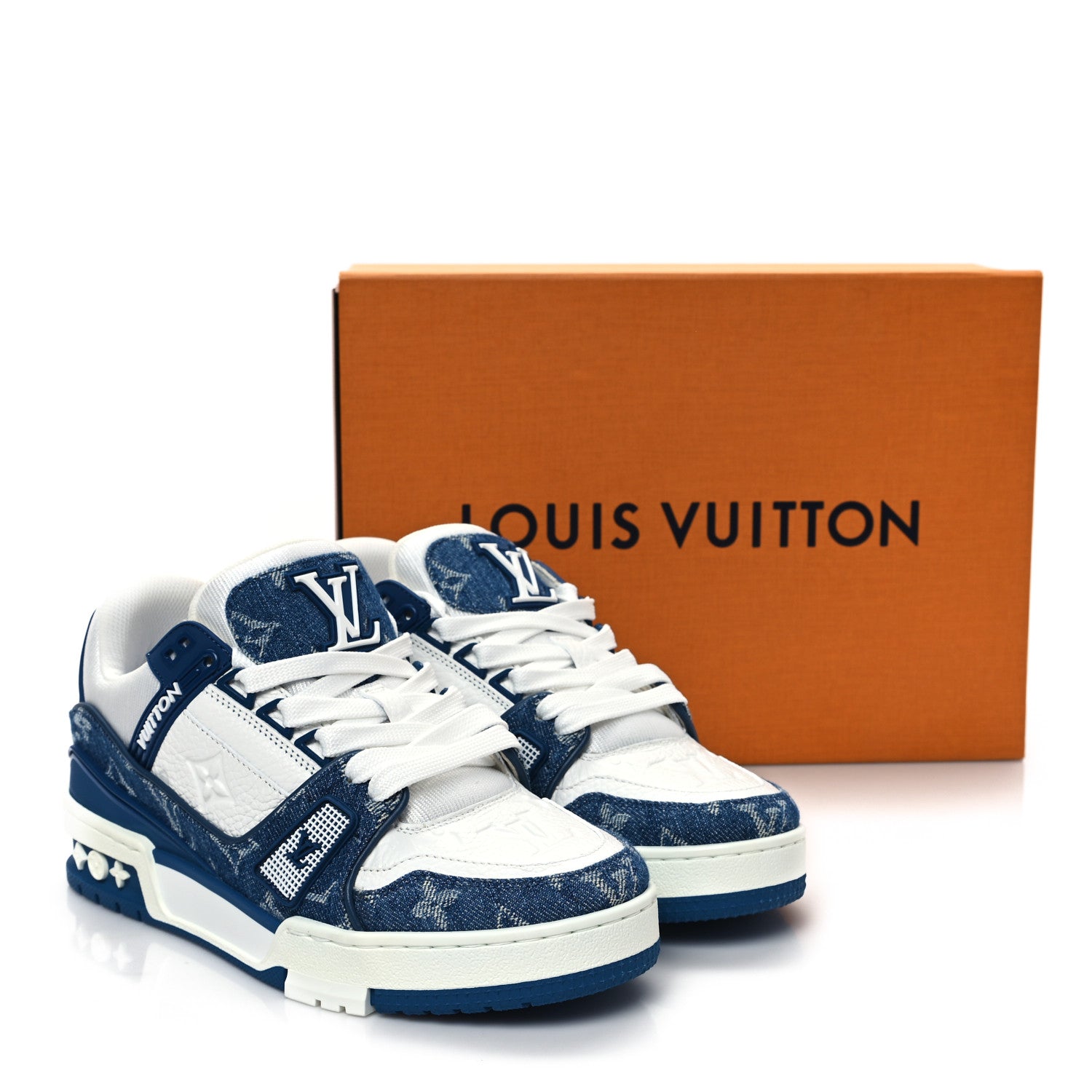 Louis Vuitton Calfskin Embossed Monogram Denim Womens LV Trainer Sneakers 36 Blue 9 of 9