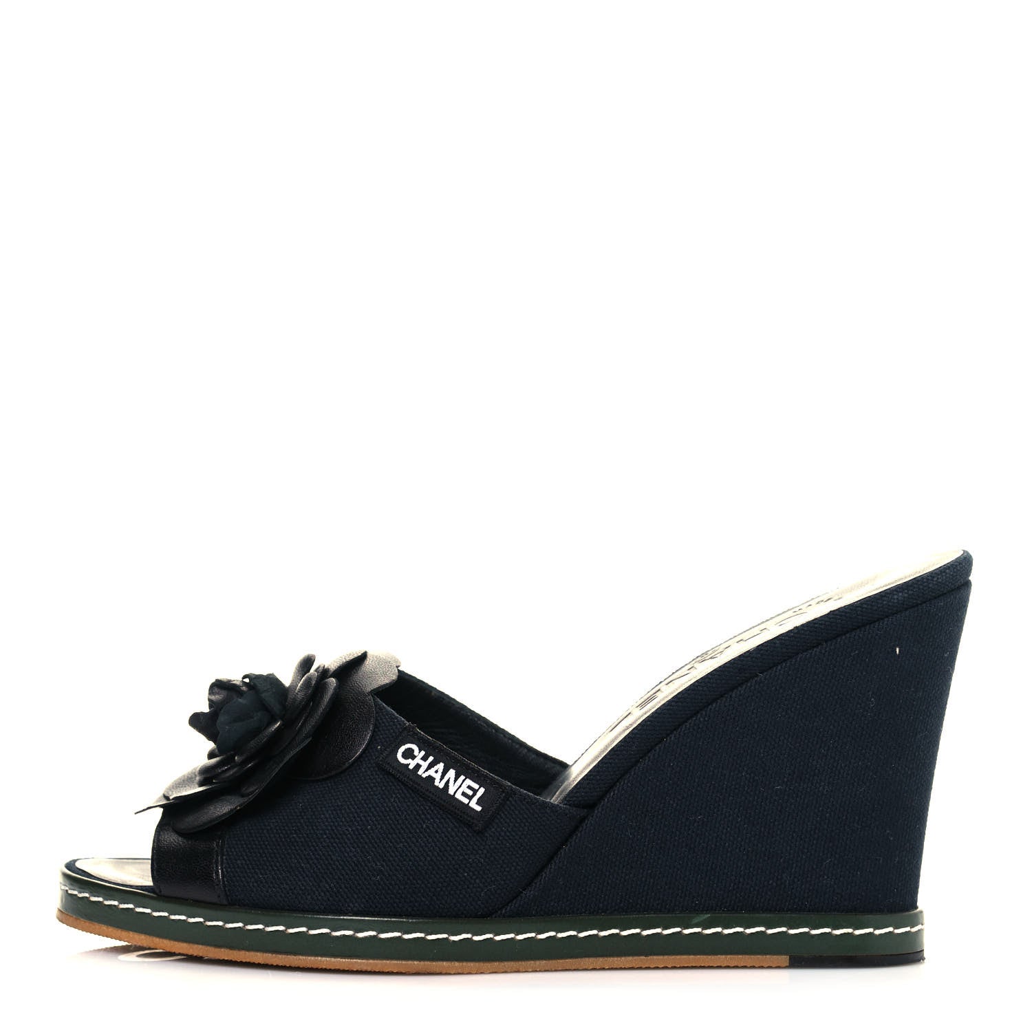 Chanel Canvas Camellia Wedge Sandals 38.5 Navy 1 of 10