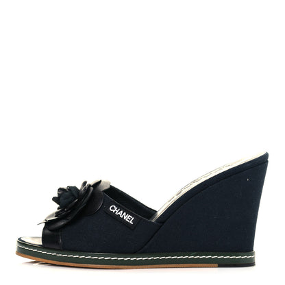 Chanel Canvas Camellia Wedge Sandals 38.5 Navy 1 of 10