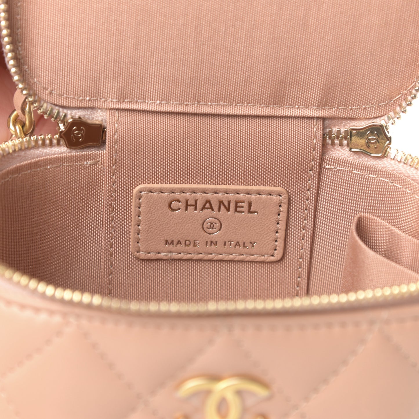 Lambskin Quilted Top Handle Mini Vanity Case With Chain Beige