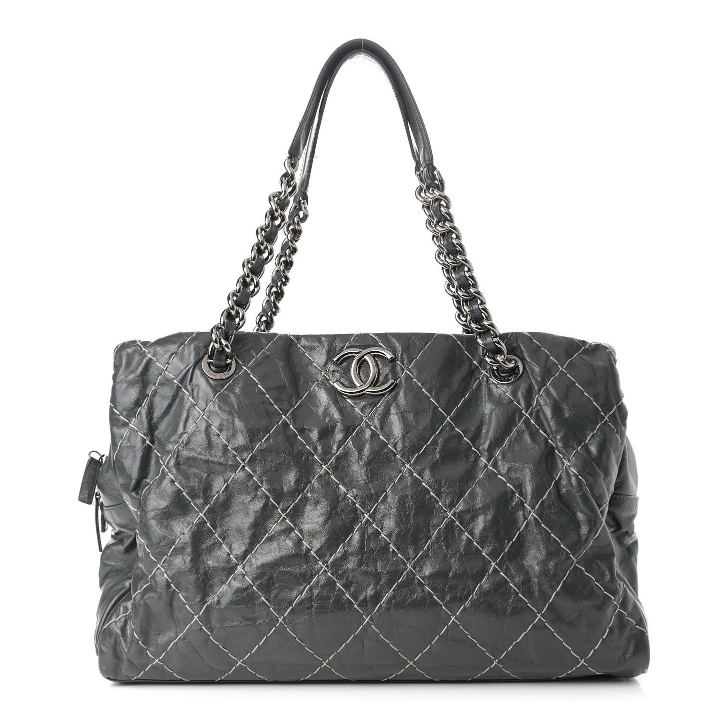 Glazed Goatskin Double Contrast Stitch Large Tote Grey