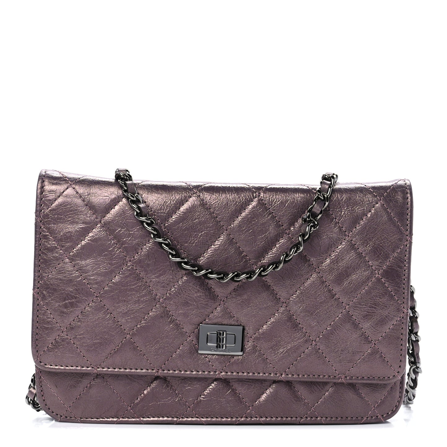 Metallic Aged Calfskin Quilted 2.55 Reissue Wallet on Chain WOC Purple