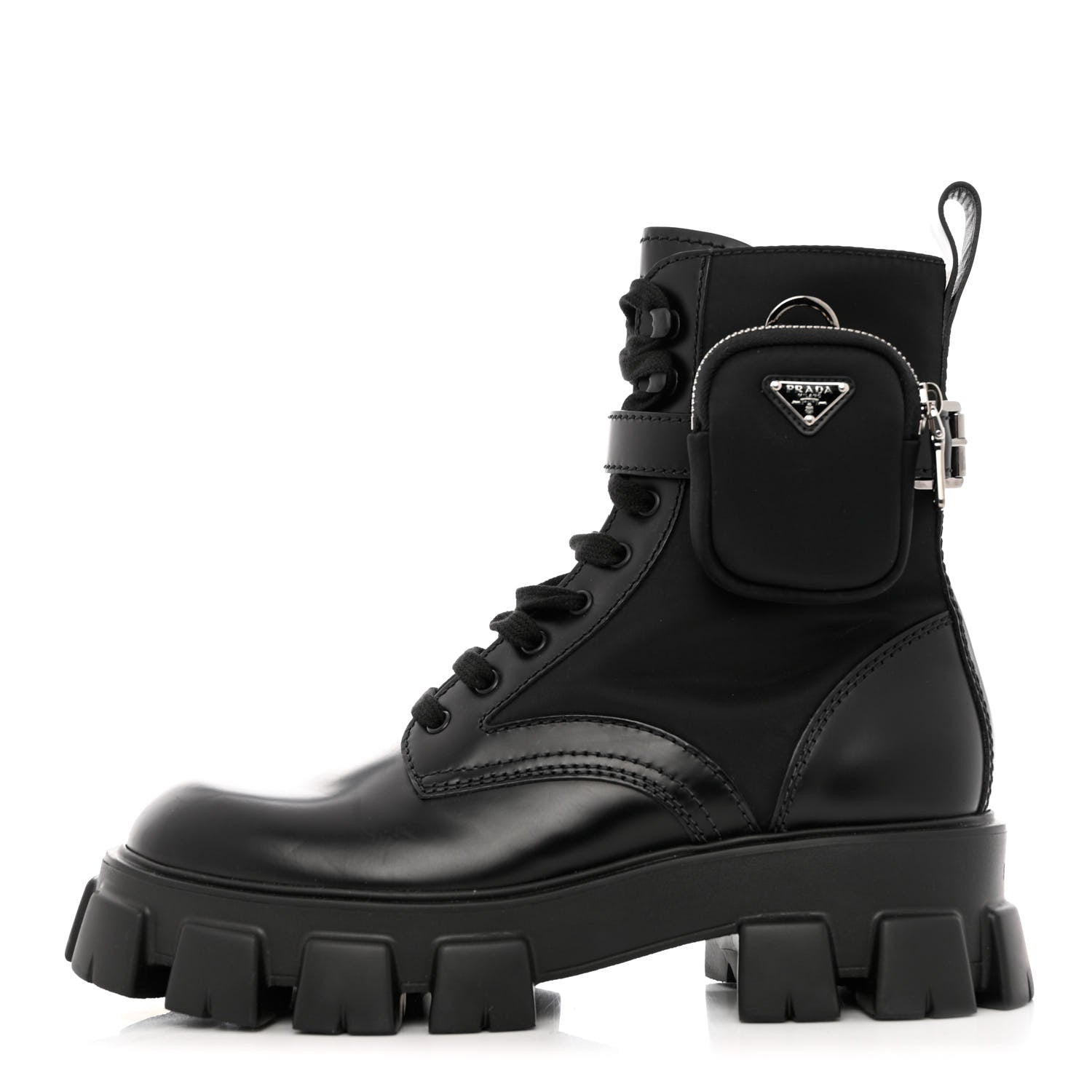 Prada Spazzolato Rois Re-Nylon Metal Triangle Logo Mens Monolith Pouch Pocket 60mm Combat Boots 10 Black 1 of 9