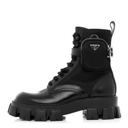 Prada Spazzolato Rois Re-Nylon Metal Triangle Logo Mens Monolith Pouch Pocket 60mm Combat Boots 10 Black 1 of 9