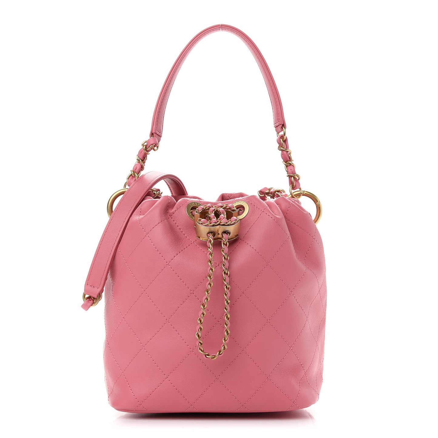 Lambskin Quilted Antique Signs Drawstring Bag Pink