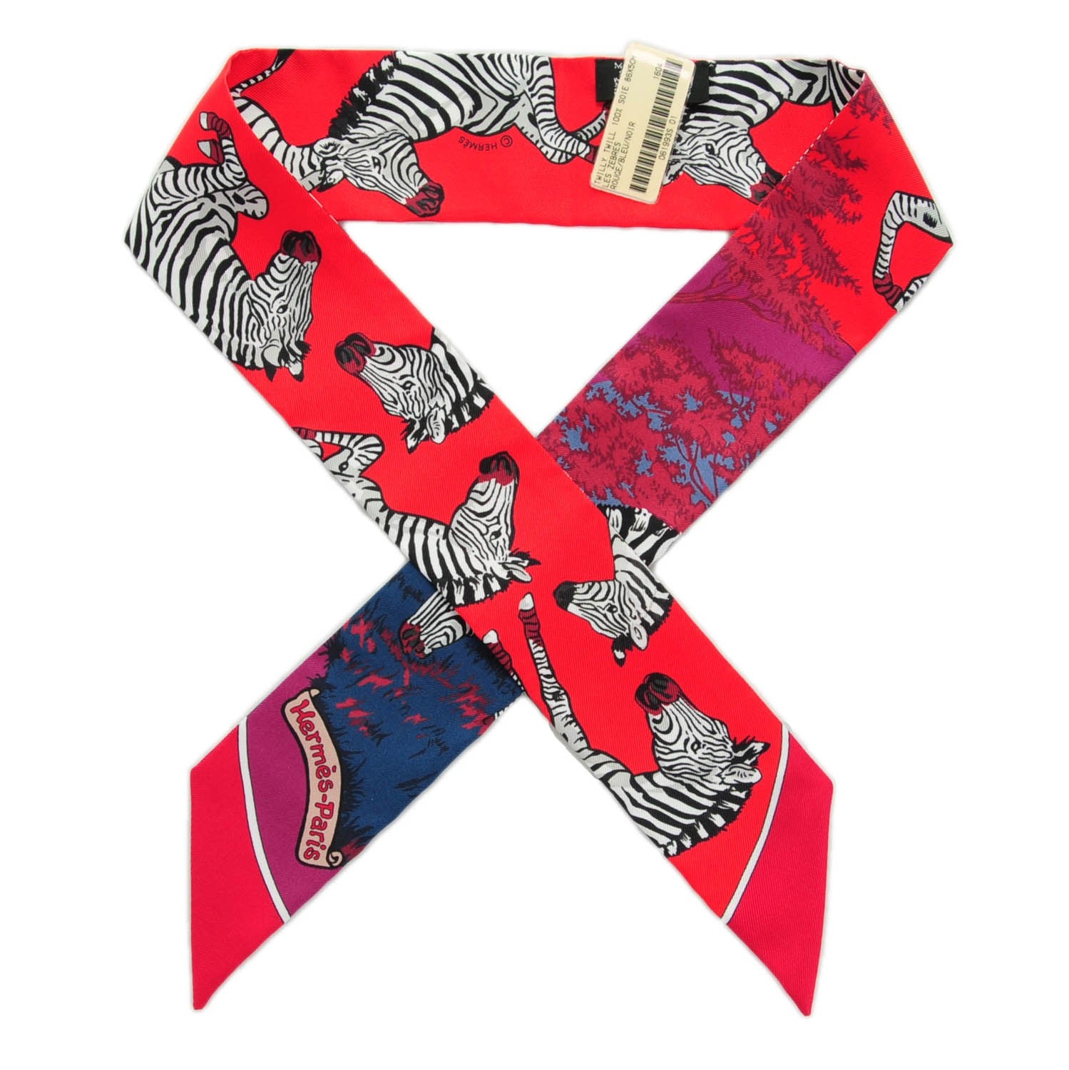 Hermes Silk Les Zebres Twilly Rouge Bleu Noir 1 of 6