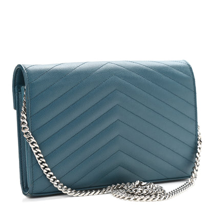 Saint Laurent Grain De Poudre Matelasse Chevron Medium Monogram Chain Wallet Peacock Green 3 of 15