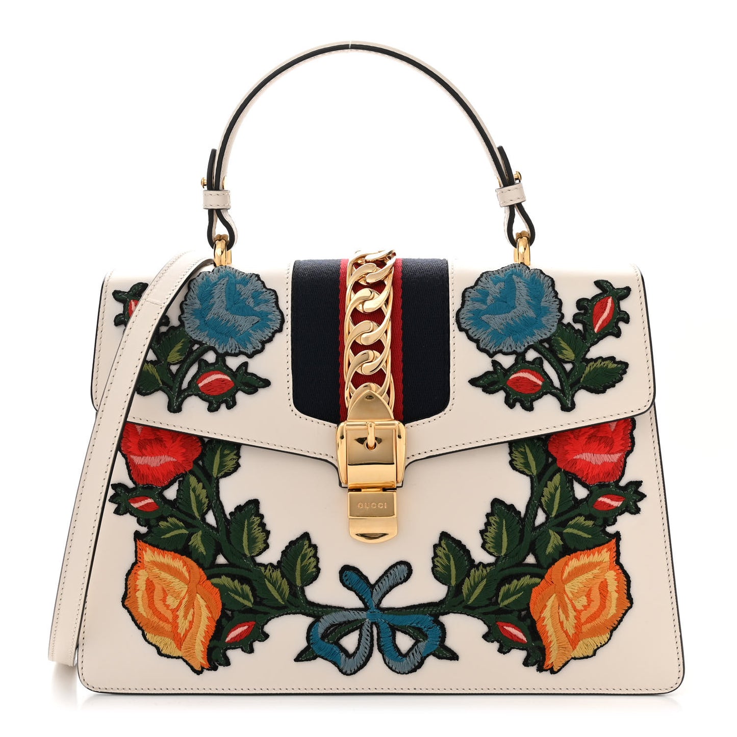 Calfskin Floral Medium Sylvie Top Handle Bag Off White