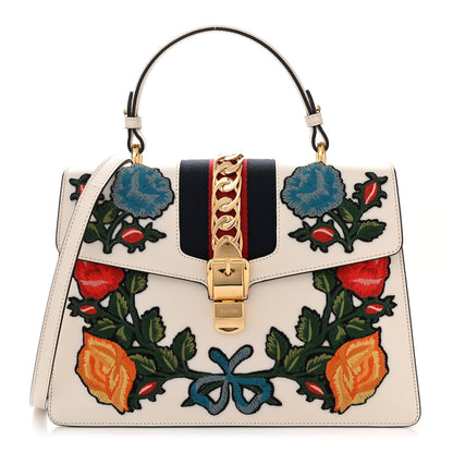 Gucci Calfskin Floral Medium Sylvie Top Handle Bag Off White 1 of 12