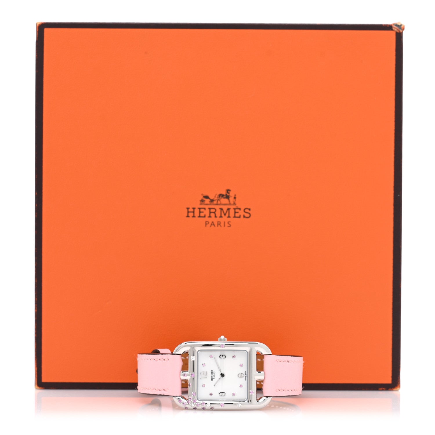 Hermes Stainless Steel Swift Diamond Pink Sapphire Mother of Pearl