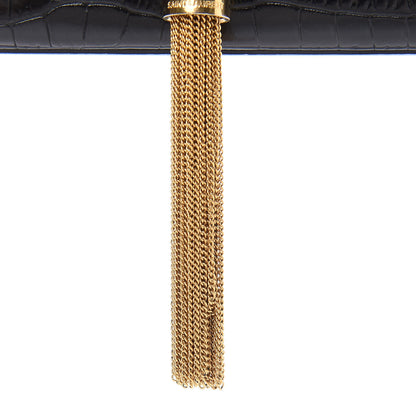 Saint Laurent Calfskin Crocodile Embossed Medium Classic Monogram Kate Tassel Satchel Black 10 of 11