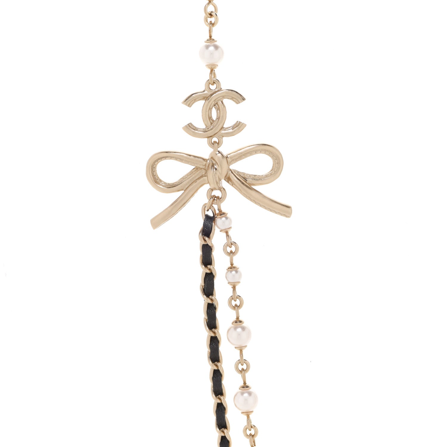 Chanel Calfskin Pearl Metal CC Bow Necklace Gold White Black 4 of 6